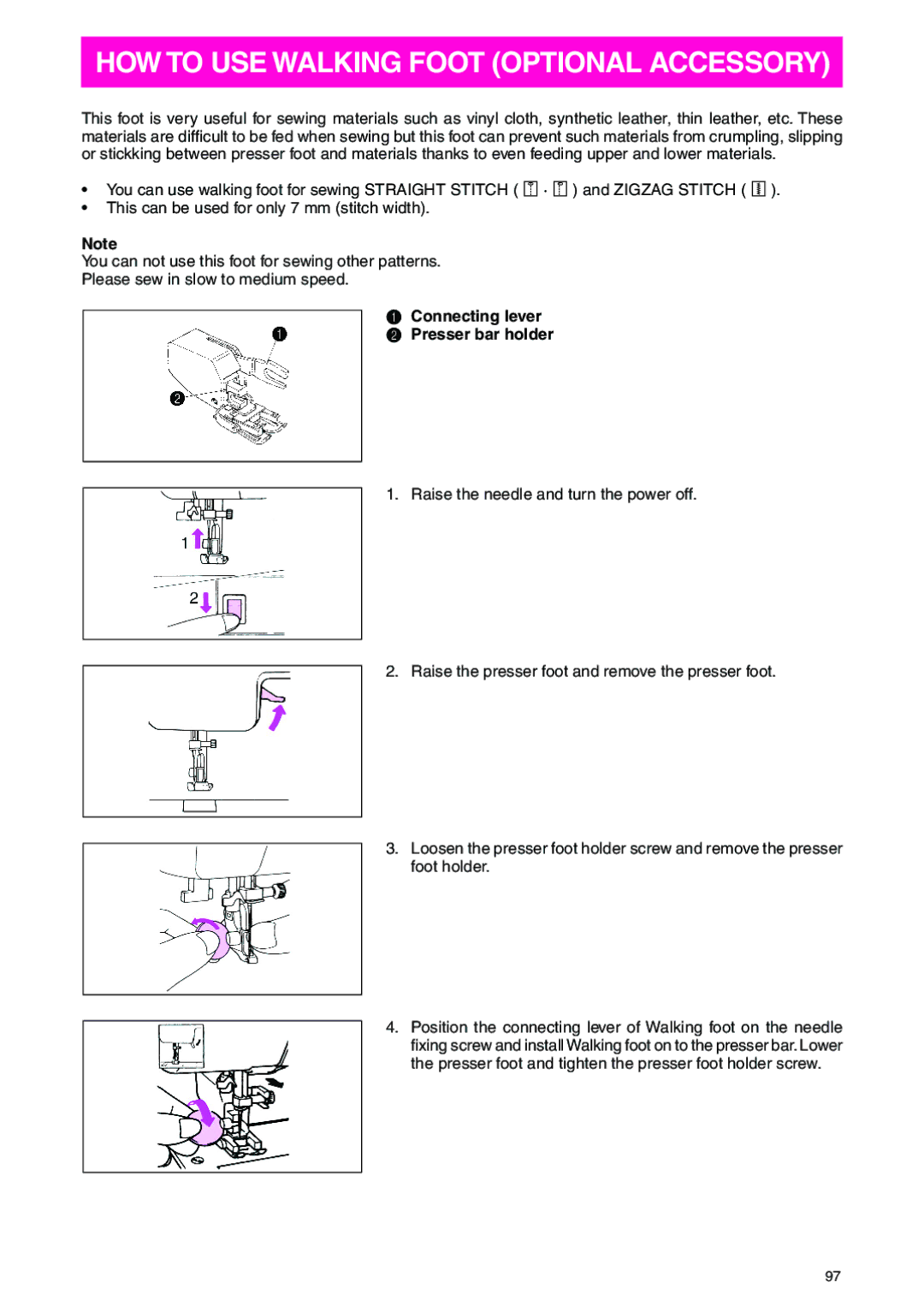 Brother PC 3000 operation manual HOW to USE Walking Foot Optional Accessory, Connecting lever Presser bar holder 