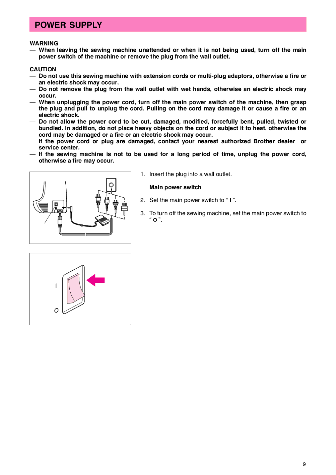 Brother PC 3000 operation manual Power Supply, Main power switch 