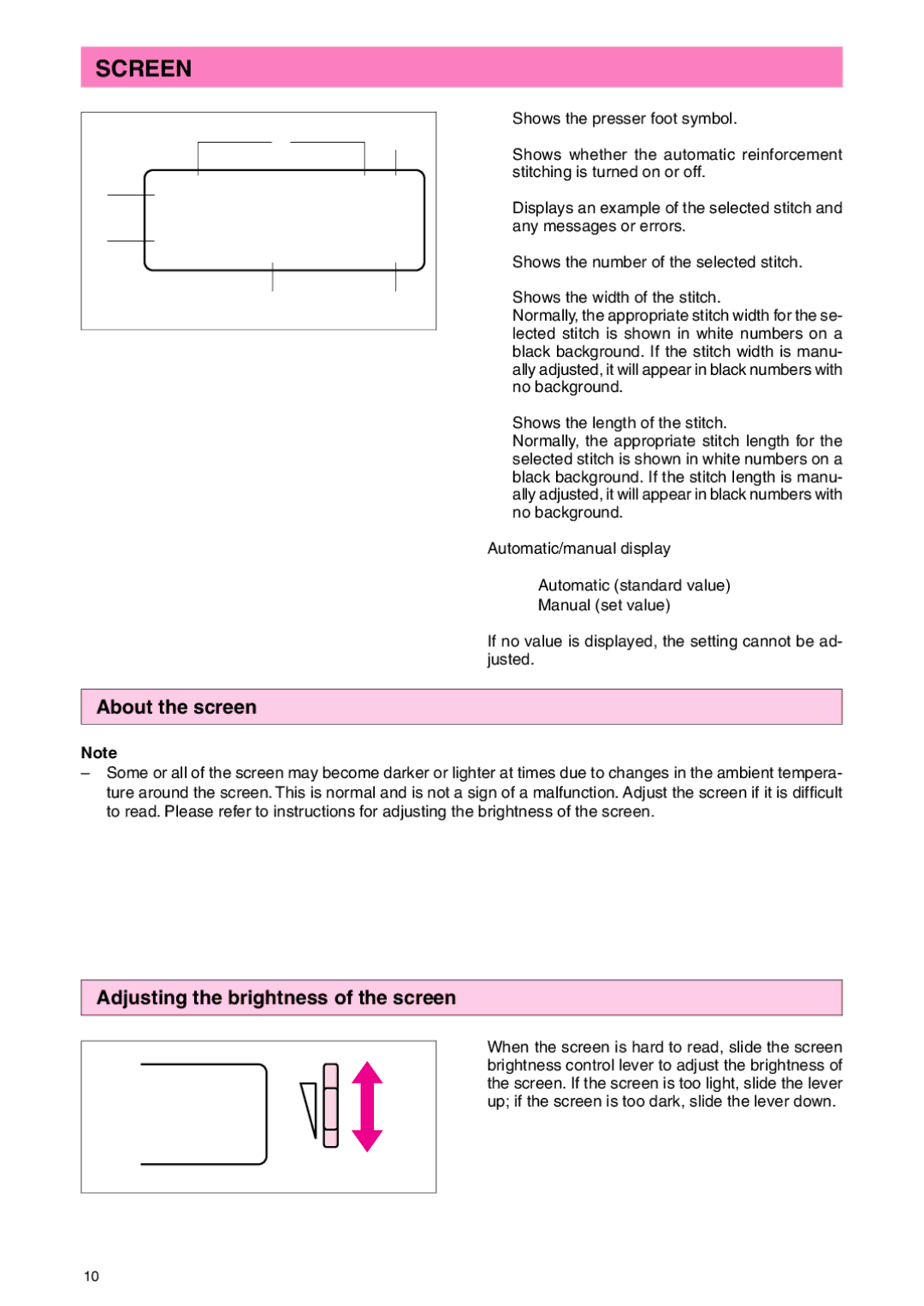 Brother PC 3000 operation manual Screen, About the screen, Adjusting the brightness of the screen 