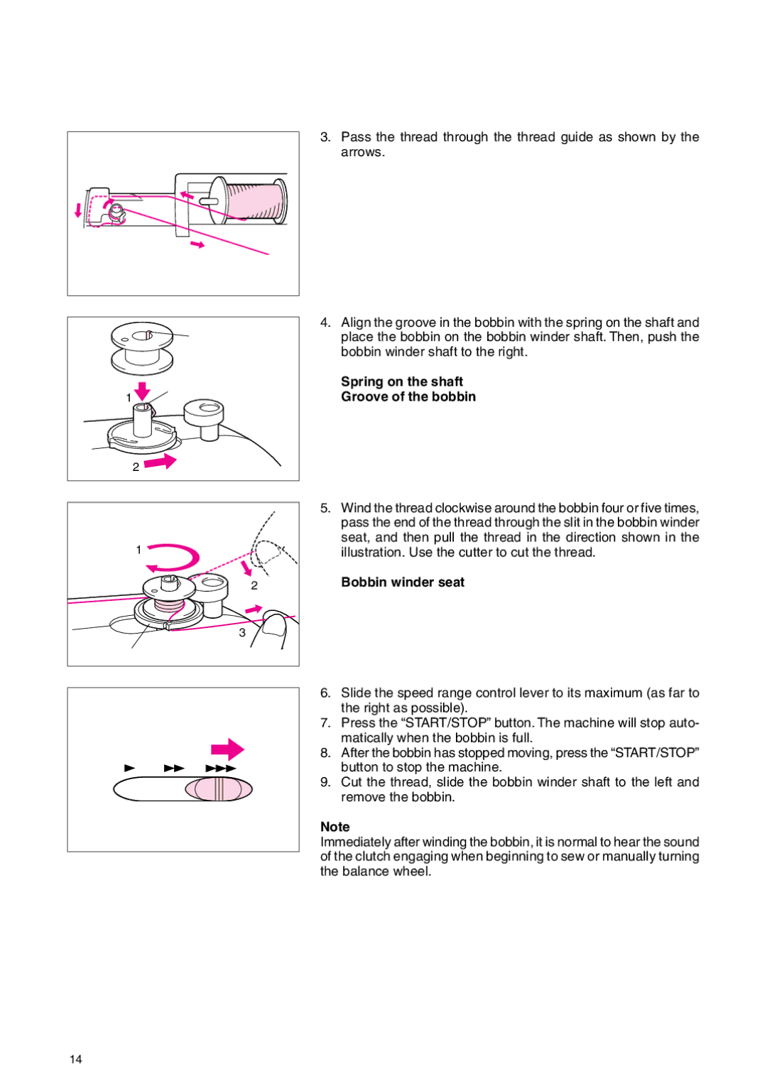 Brother PC 3000 operation manual Spring on the shaft Groove of the bobbin, Bobbin winder seat 