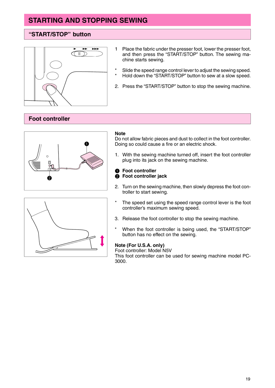 Brother PC 3000 operation manual Starting and Stopping Sewing, START/STOP button, Foot controller Foot controller jack 