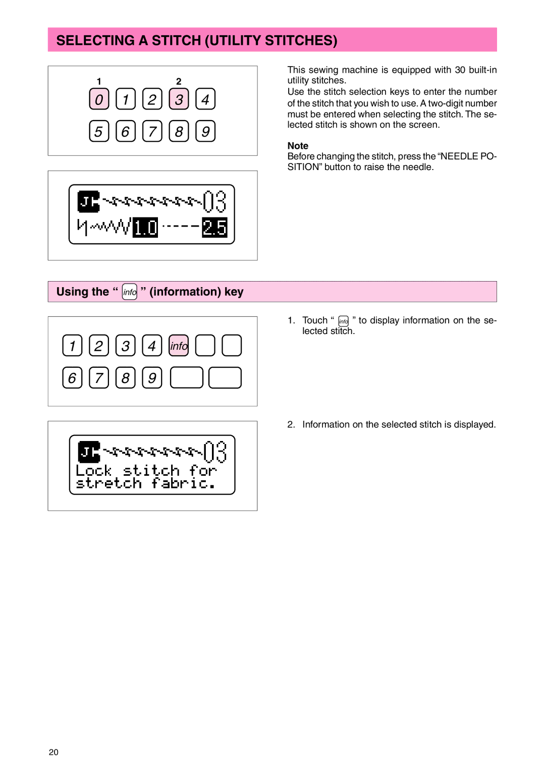 Brother PC 3000 operation manual Selecting a Stitch Utility Stitches, Using the info information key 