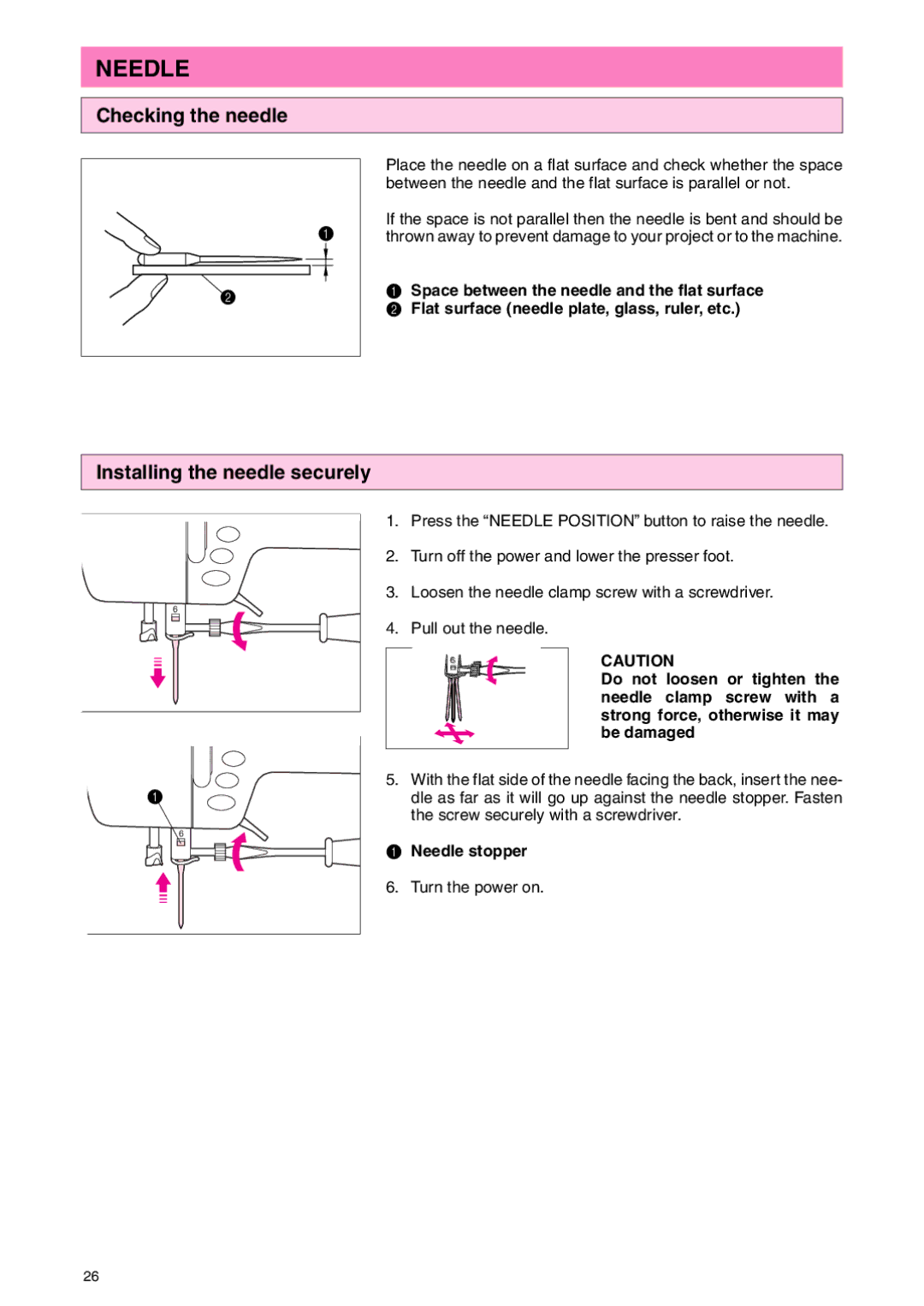 Brother PC 3000 operation manual Checking the needle, Installing the needle securely, Needle stopper 