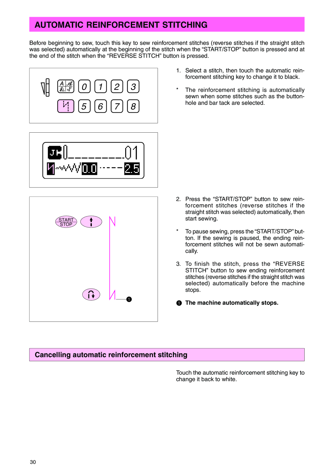 Brother PC 3000 operation manual Automatic Reinforcement Stitching, Cancelling automatic reinforcement stitching 