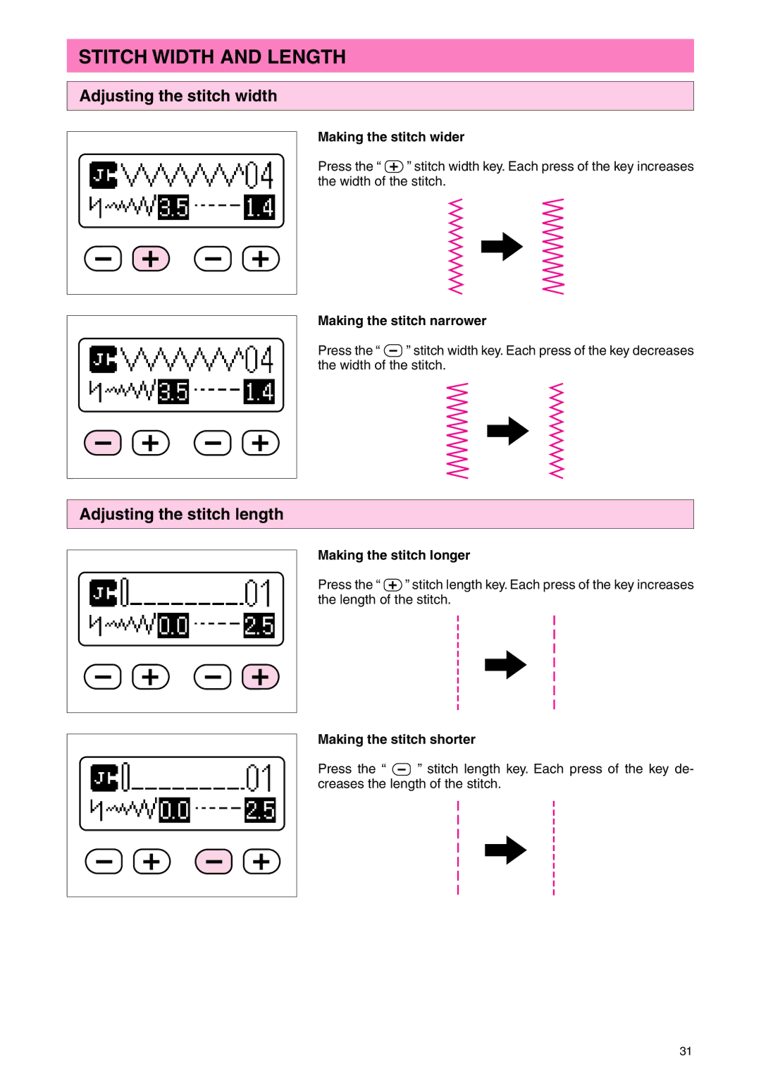 Brother PC 3000 operation manual Stitch Width and Length, Adjusting the stitch width, Adjusting the stitch length 