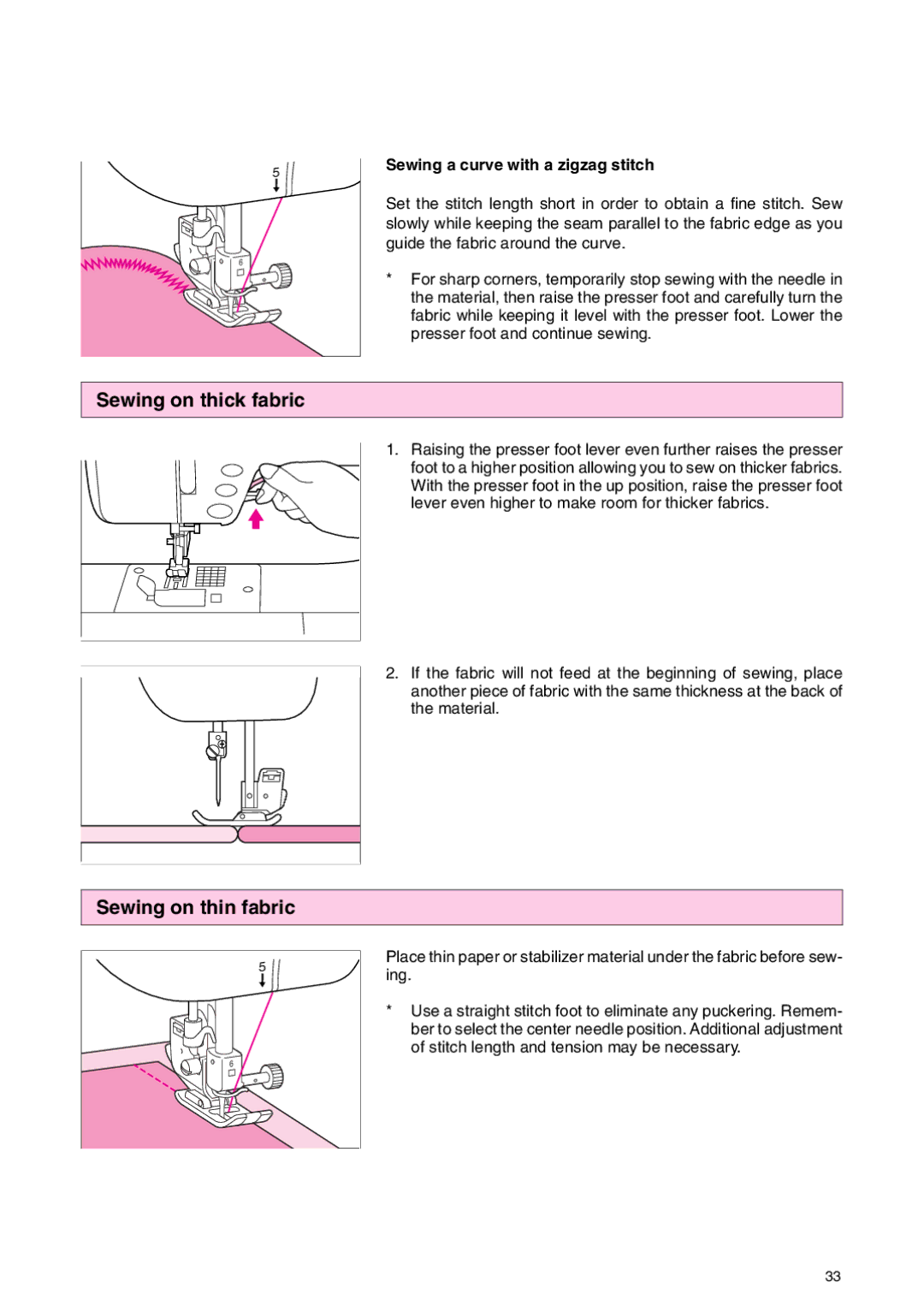 Brother PC 3000 operation manual Sewing on thick fabric Sewing on thin fabric, Sewing a curve with a zigzag stitch 