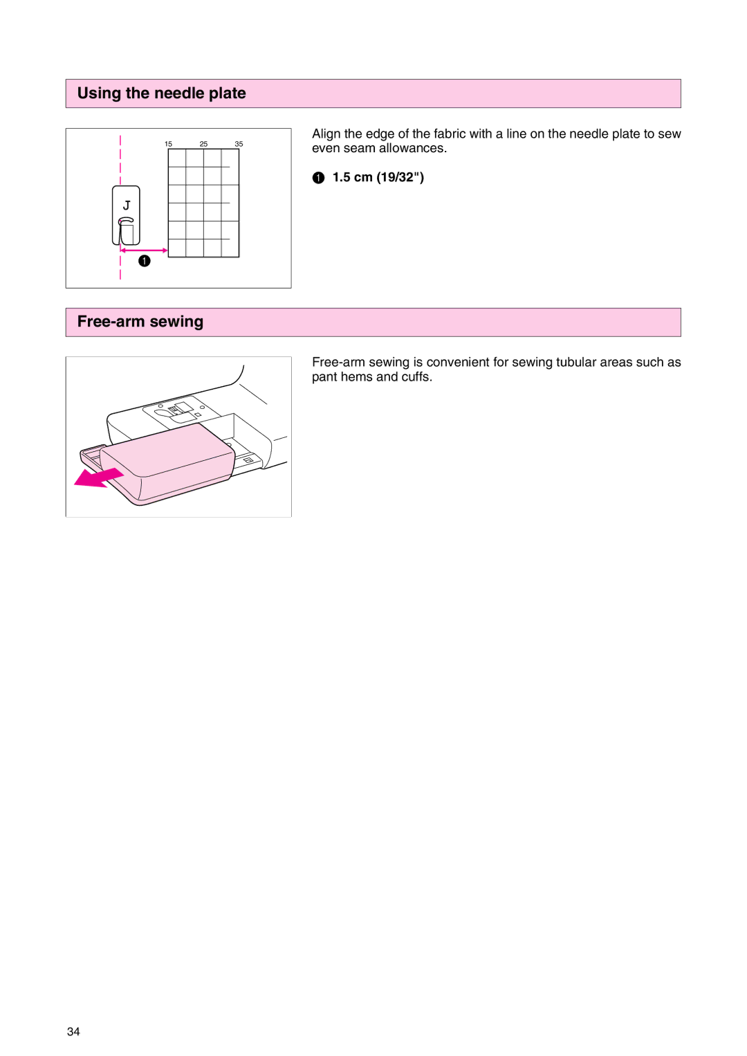 Brother PC 3000 operation manual Using the needle plate, Free-arm sewing, 5 cm 19/32 