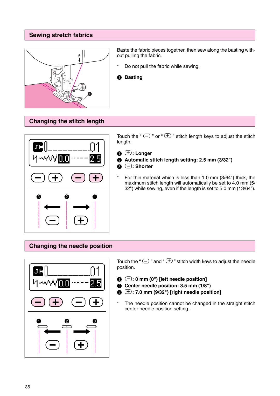 Brother PC 3000 Sewing stretch fabrics, Changing the stitch length, Changing the needle position, Basting, Touch 