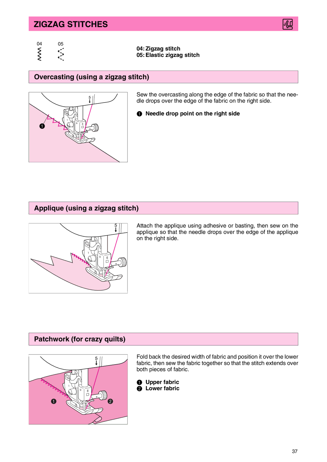 Brother PC 3000 operation manual Zigzag Stitches, Overcasting using a zigzag stitch, Applique using a zigzag stitch 