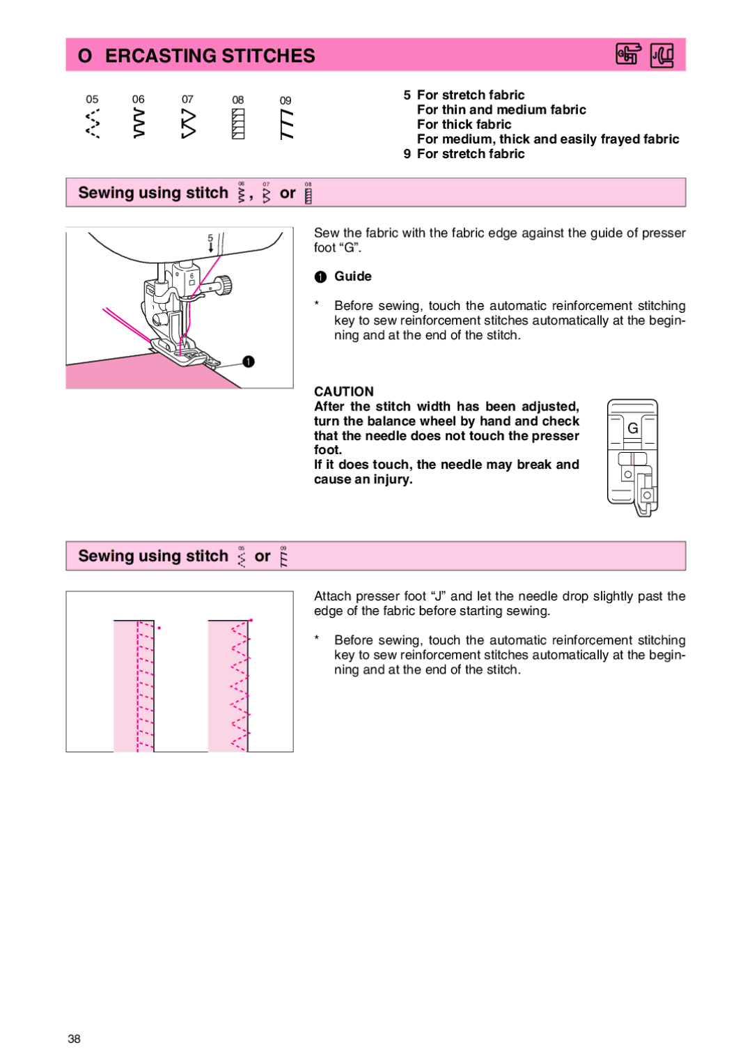 Brother PC 3000 operation manual Overcasting Stitches, Sewing using stitch 06 , 07 or, Sewing using stitch 05 or, Guide 