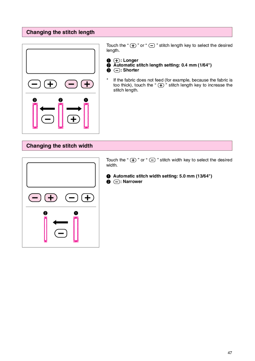 Brother PC 3000 operation manual Changing the stitch width, Longer Automatic stitch length setting 0.4 mm 1/64 Shorter 