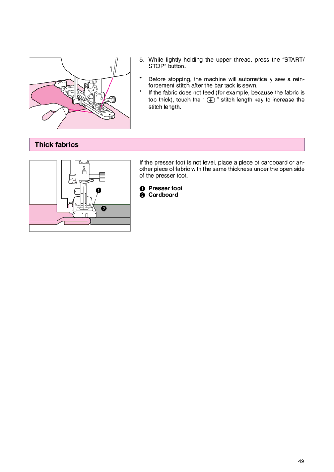 Brother PC 3000 operation manual Thick fabrics, Presser foot Cardboard 