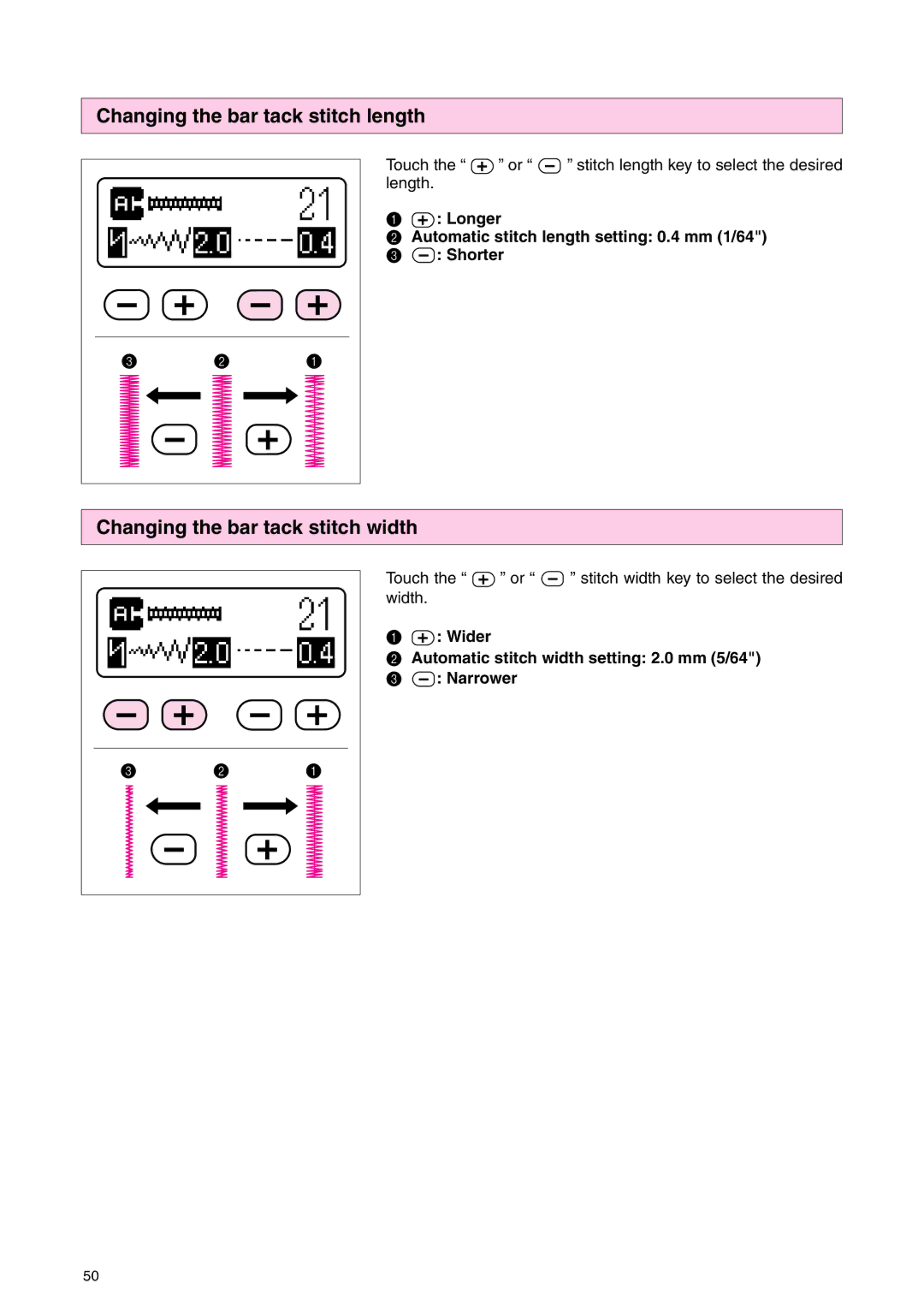 Brother PC 3000 operation manual Changing the bar tack stitch length, Changing the bar tack stitch width 