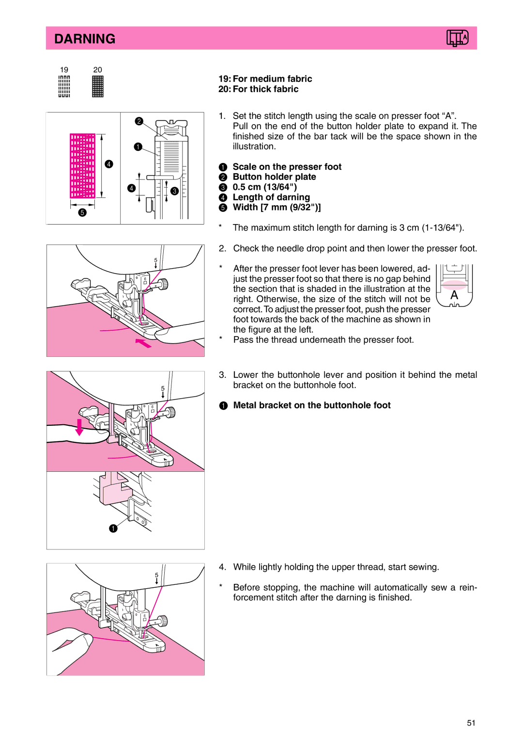 Brother PC 3000 operation manual Darning, 19For medium fabric 20For thick fabric 