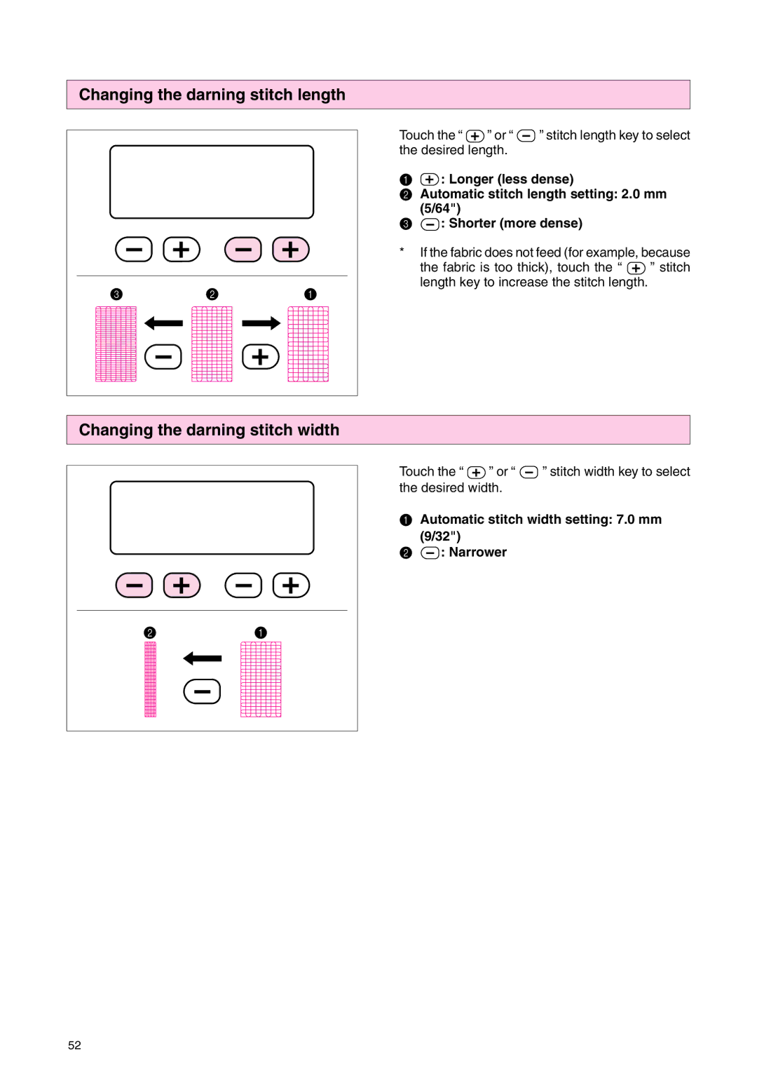 Brother PC 3000 operation manual Changing the darning stitch length, Changing the darning stitch width 