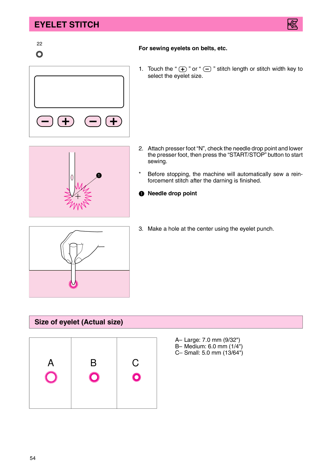 Brother PC 3000 operation manual Eyelet Stitch, Size of eyelet Actual size, For sewing eyelets on belts, etc 