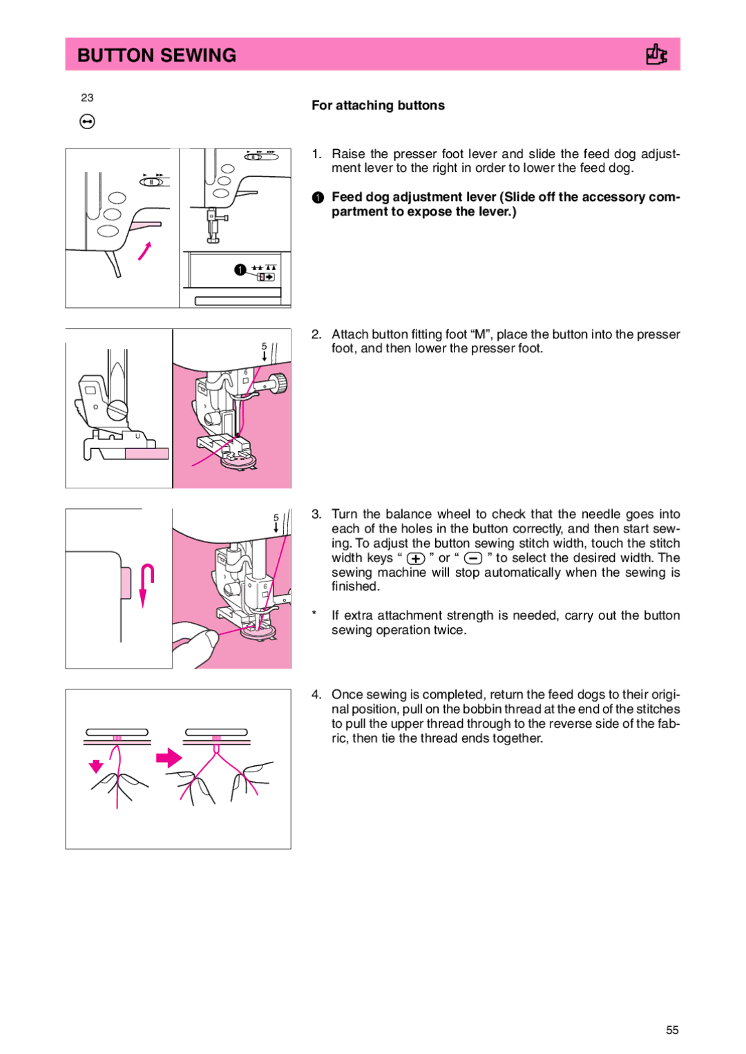 Brother PC 3000 operation manual Button Sewing, For attaching buttons 