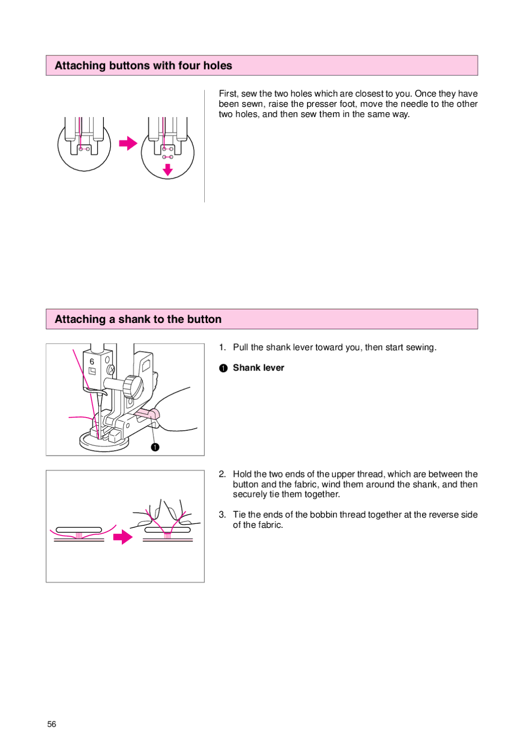 Brother PC 3000 operation manual Attaching buttons with four holes, Attaching a shank to the button, Shank lever 