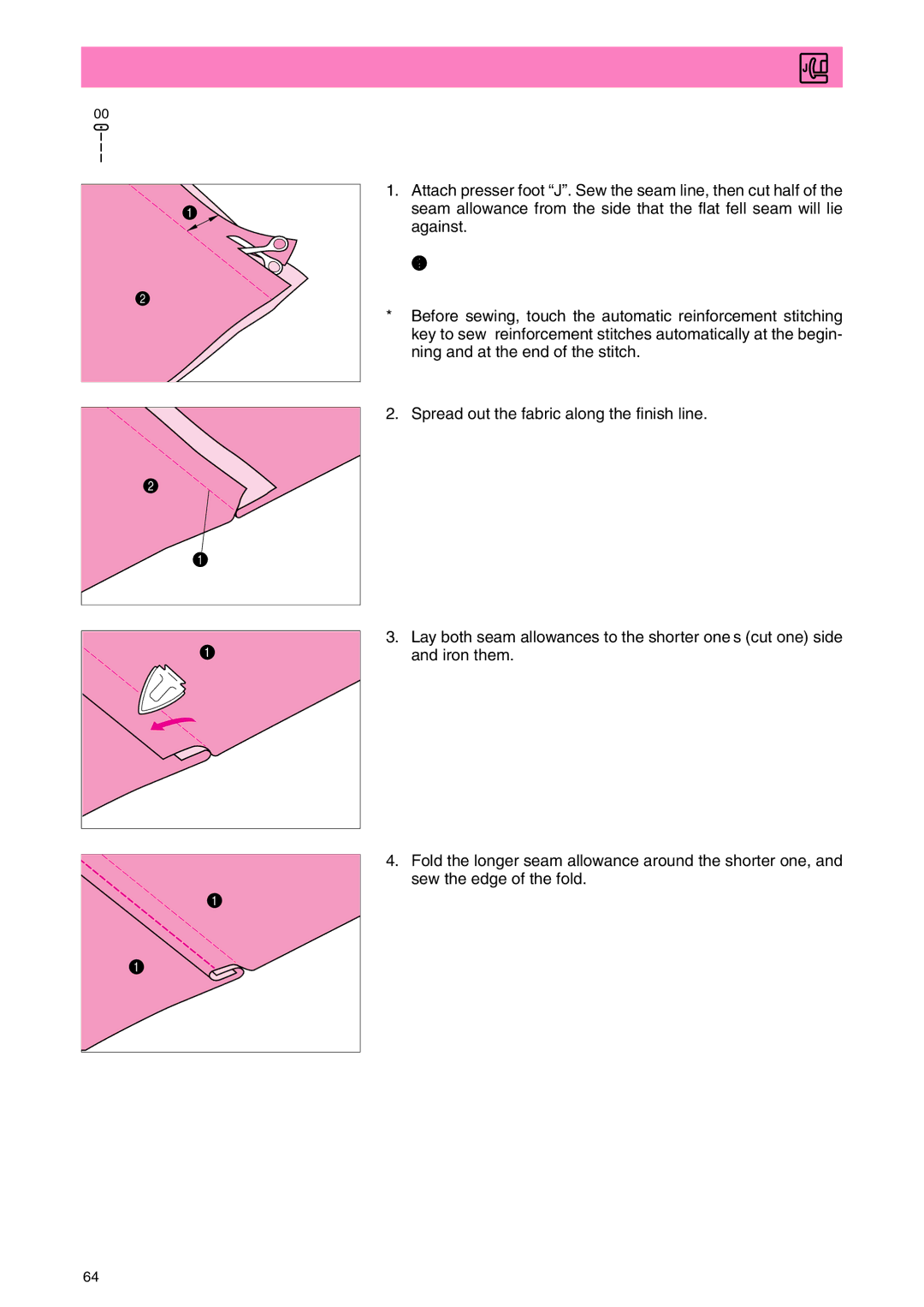 Brother PC 3000 Flat Fell Seam, For reinforcing seams and neatly finishing edges, About 1.2 cm 1/2 Reverse side 