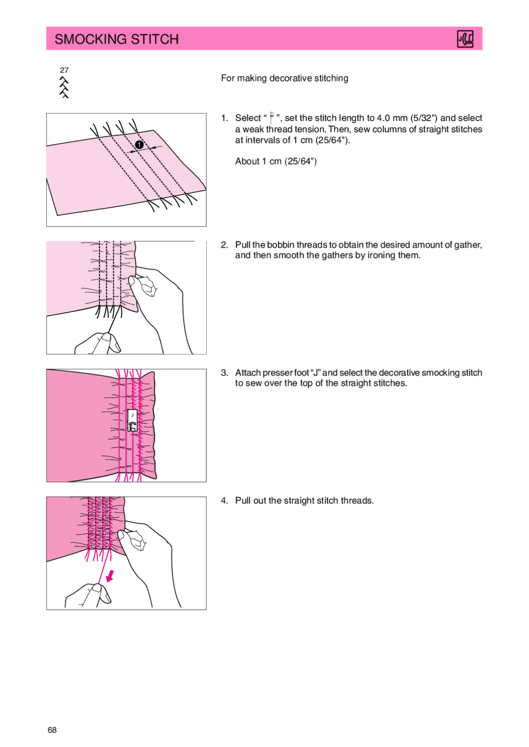 Brother PC 3000 operation manual Smocking Stitch, For making decorative stitching, About 1 cm 25/64 