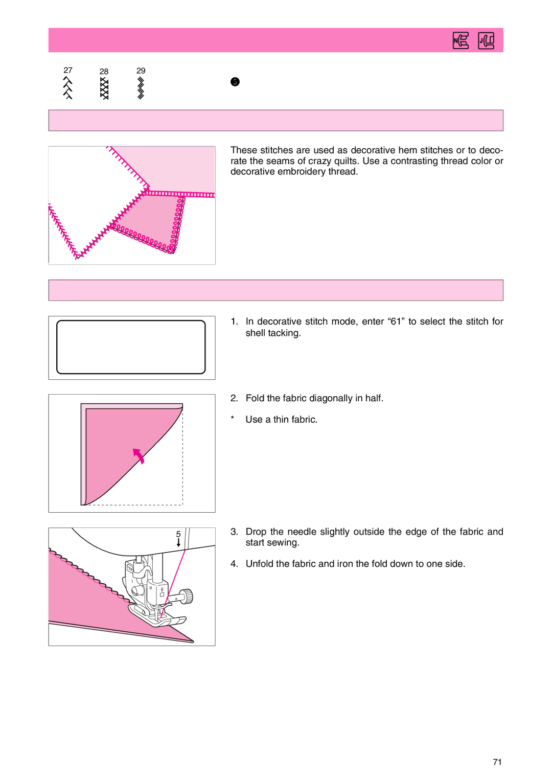 Brother PC 3000 operation manual Decorative Stitching, Decorative stitching, Shell tacking, Other decorative stitches 56 