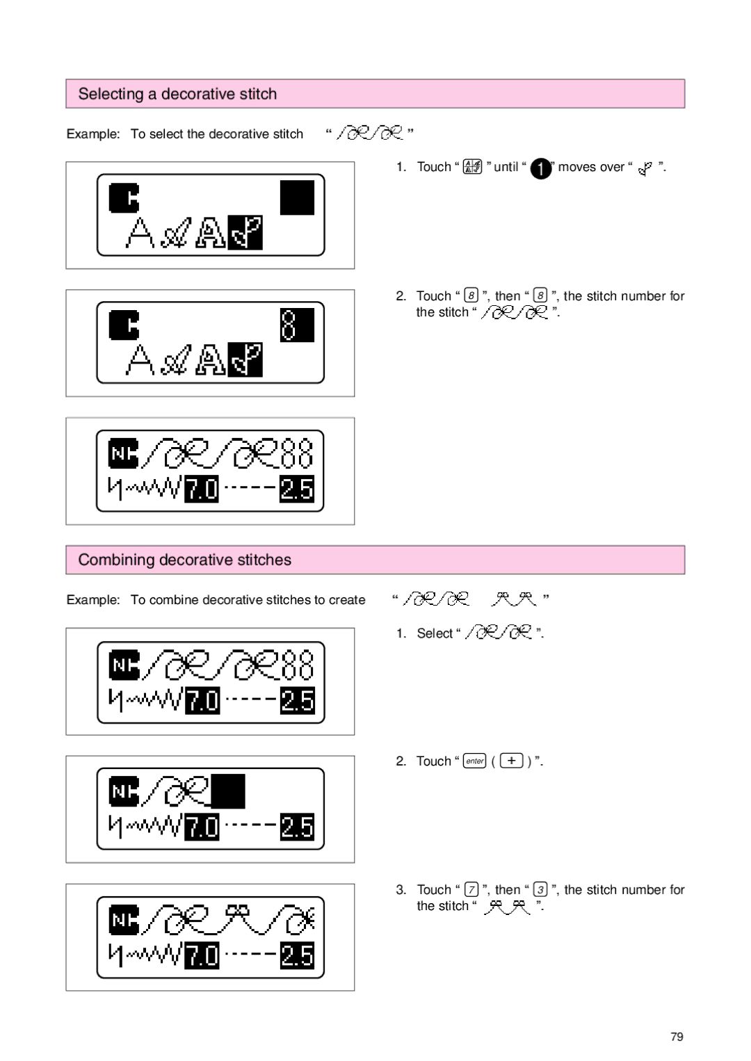 Brother PC 3000 Selecting a decorative stitch, Combining decorative stitches, Example To select the decorative stitch 