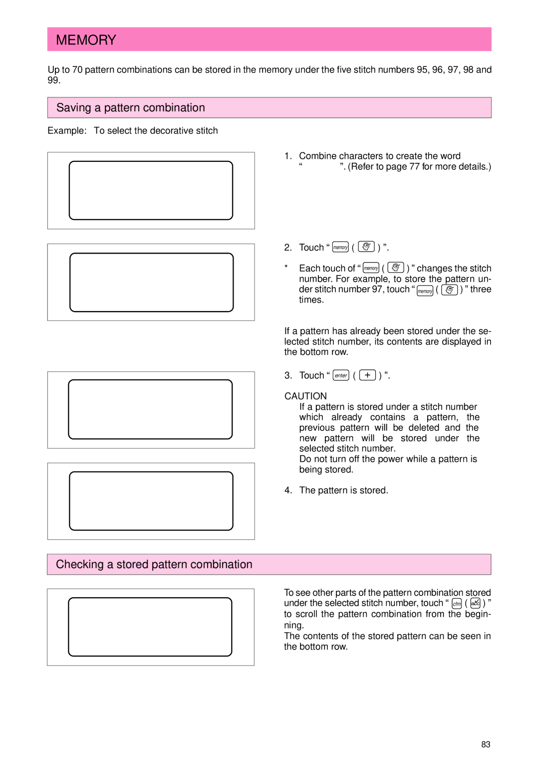 Brother PC 3000 operation manual Memory, Saving a pattern combination, Checking a stored pattern combination 