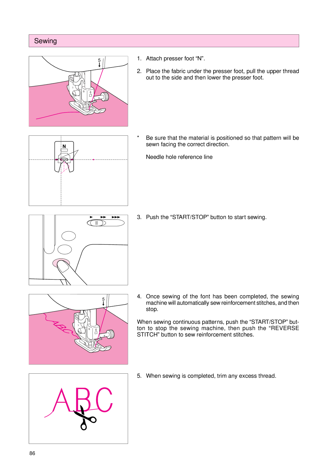 Brother PC 3000 operation manual Sewing, Needle hole reference line 