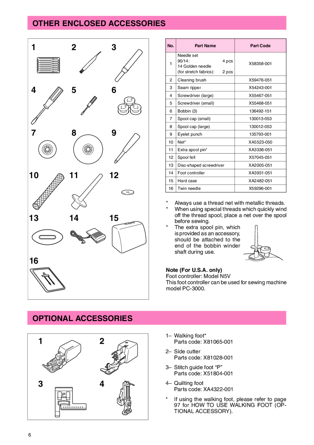 Brother PC 3000 operation manual Other Enclosed Accessories, Optional Accessories 