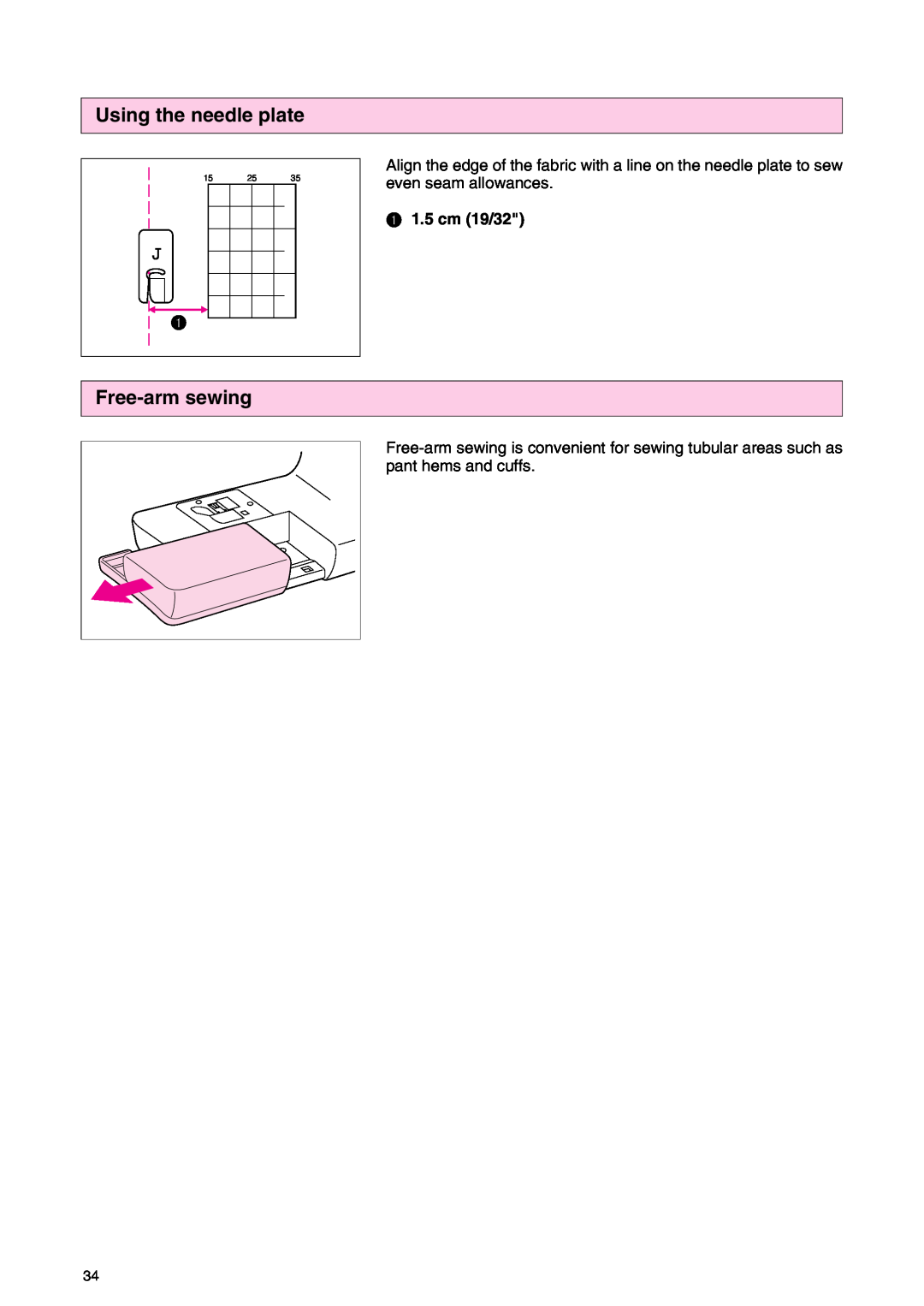 Brother PC 3000 operation manual Using the needle plate, Free-arm sewing, 1 1.5 cm 19/32 