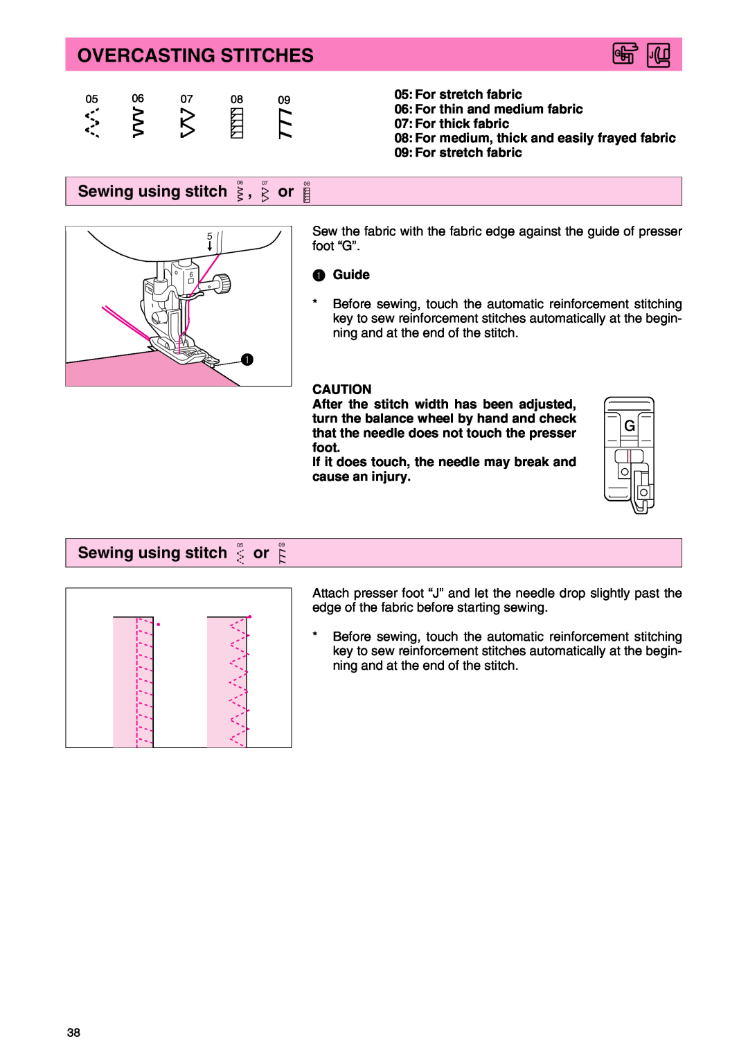 Brother PC 3000 operation manual Overcasting Stitches, Sewing using stitch 06 , 07 or, Sewing using stitch 05 or, Guide 