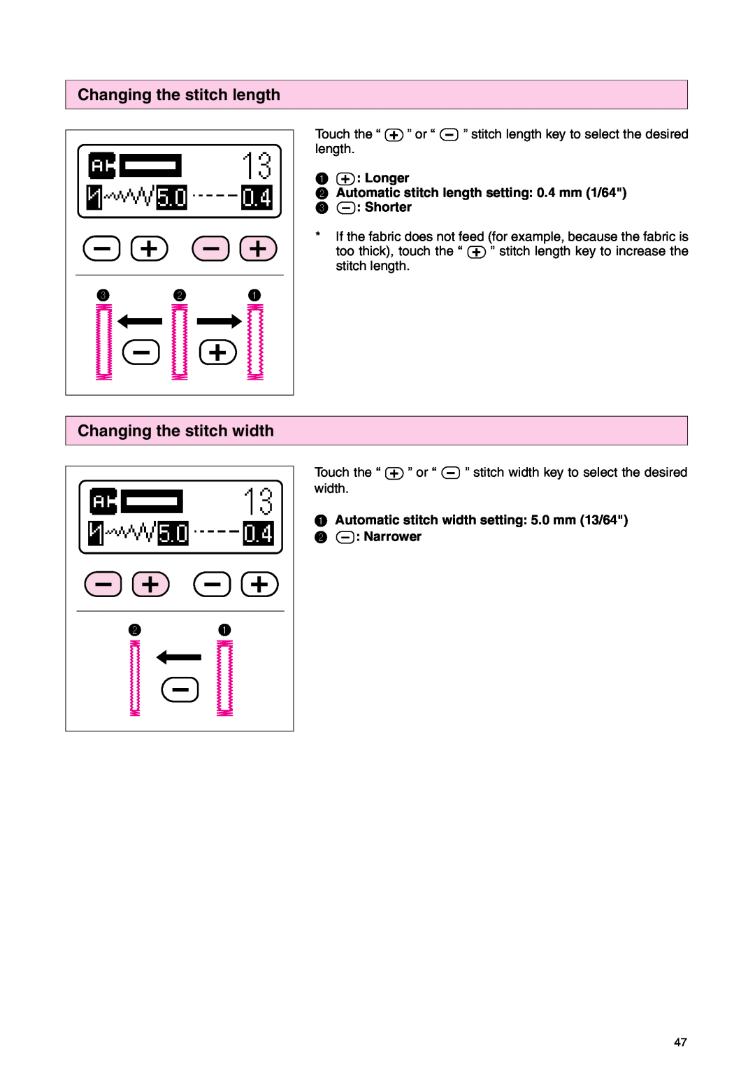 Brother PC 3000 operation manual Changing the stitch width, Longer 2 Automatic stitch length setting 0.4 mm 1/64 3 Shorter 