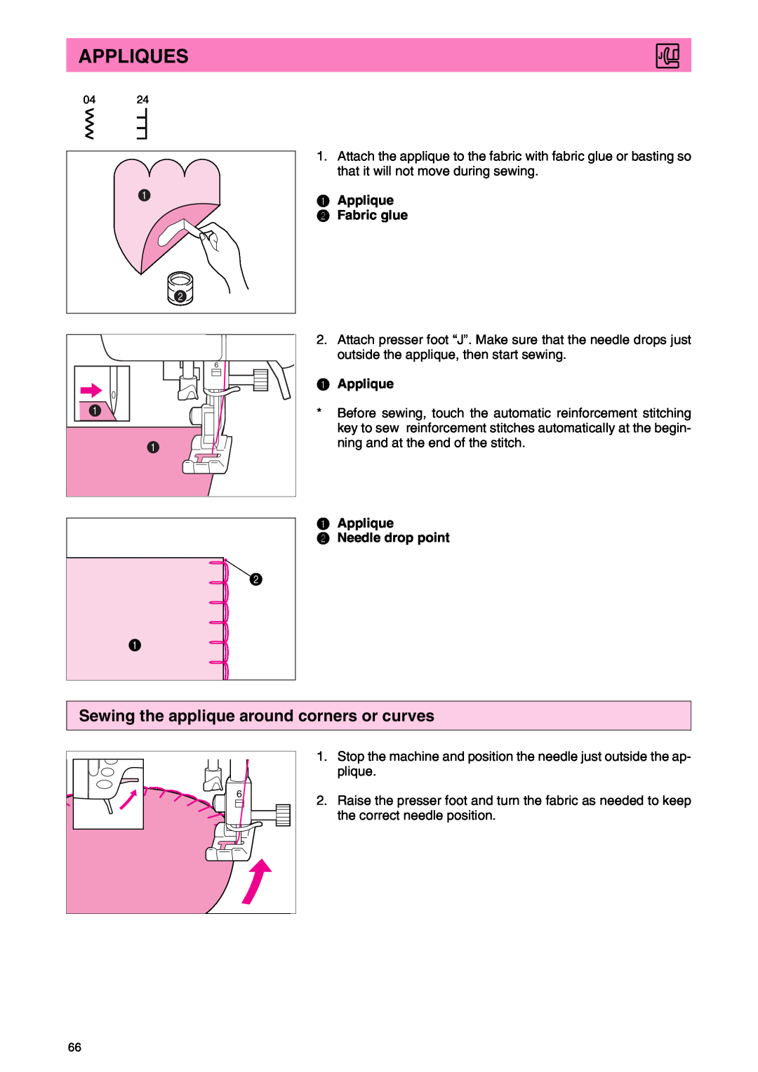 Brother PC 3000 operation manual Appliques, Sewing the applique around corners or curves, Applique 2 Fabric glue 