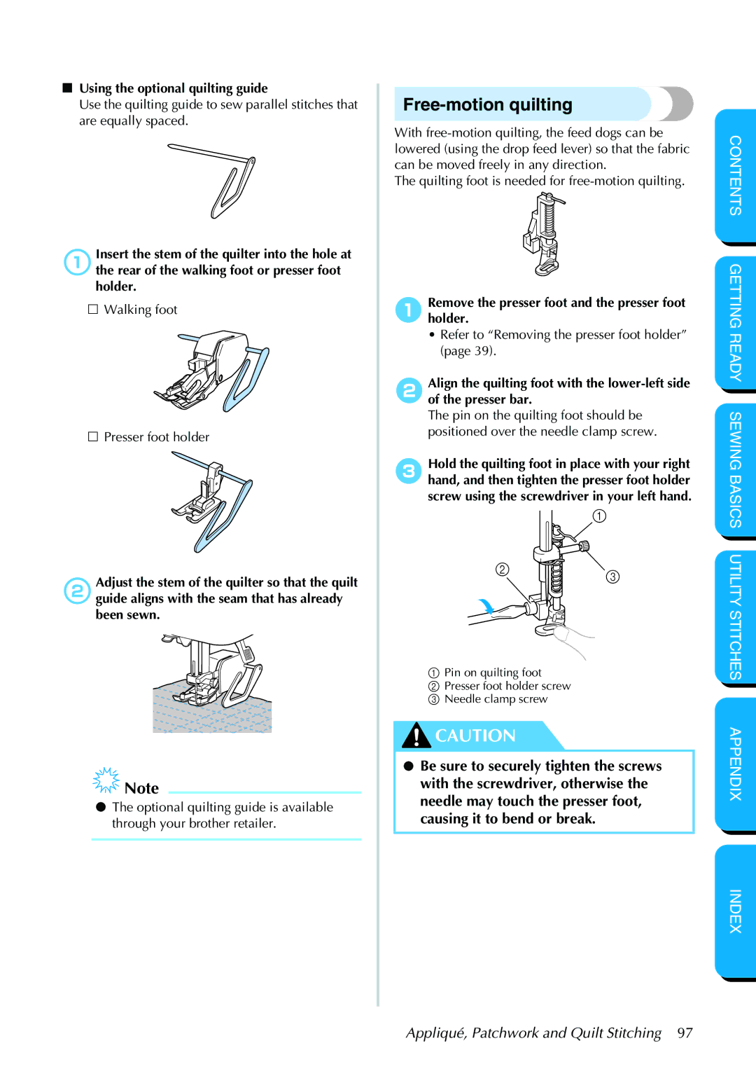 Brother PC-420PRW manual Free-motion quilting, Using the optional quilting guide 