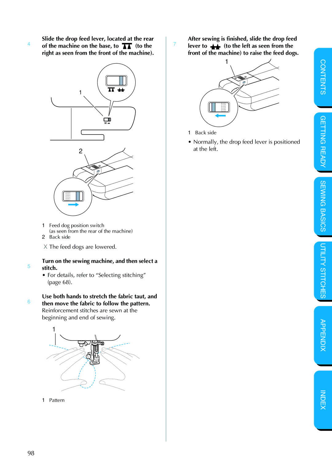 Brother PC-420PRW manual 4Slide the drop feed lever, located at the rear 