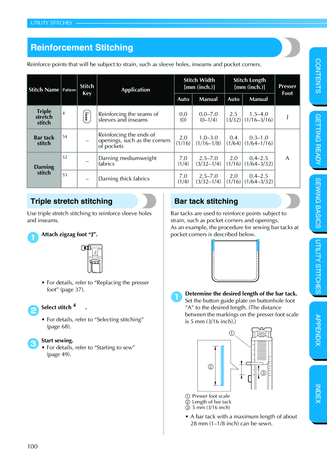 Brother PC-420PRW manual Reinforcement Stitching, Triple stretch stitching, Bar tack stitching 