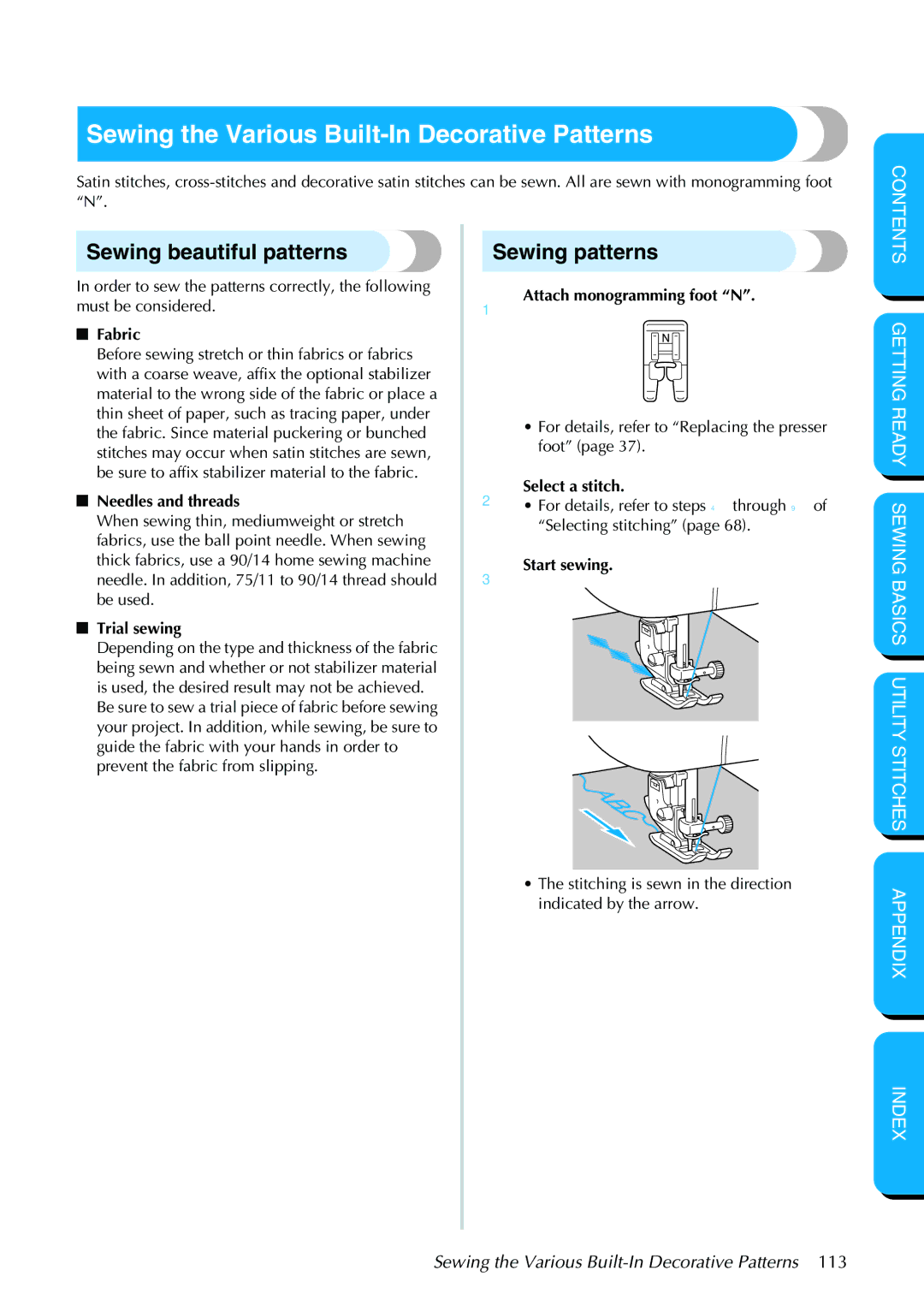 Brother PC-420PRW manual Sewing the Various Built-In Decorative Patterns, Sewing beautiful patterns, Sewing patterns 