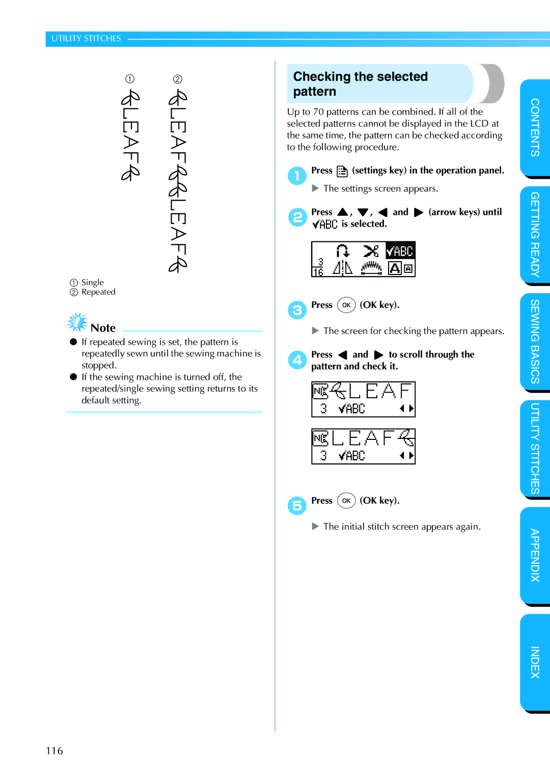 Brother PC-420PRW manual Checking the selected pattern, 1Press settings key in the operation panel 