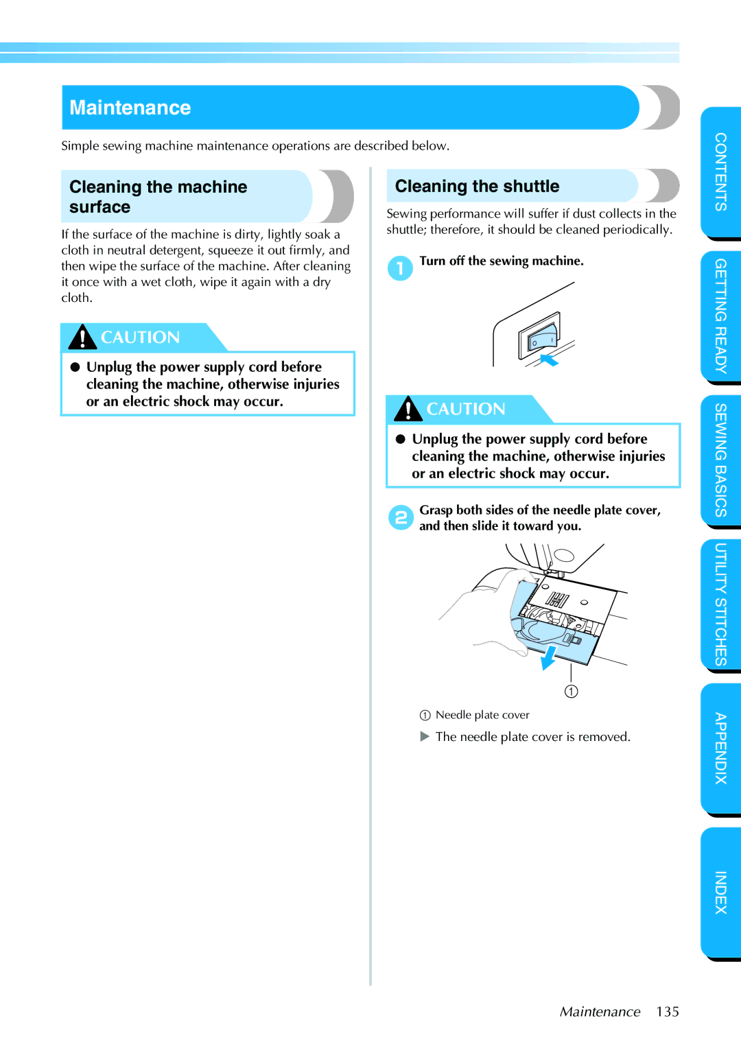 Brother PC-420PRW manual Maintenance, Cleaning the machine surface, Cleaning the shuttle 