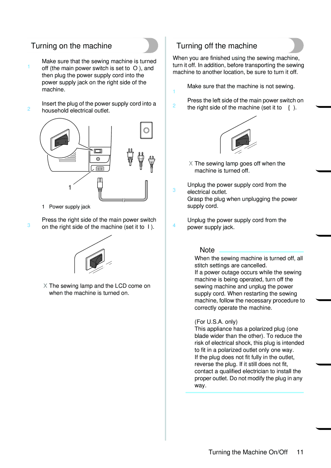 Brother PC-420PRW manual Turning on the machine, Turning off the machine, Turning the Machine On/Off 