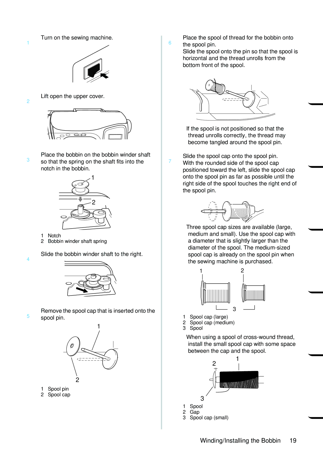 Brother PC-420PRW manual Winding/Installing the Bobbin, 4Slide the bobbin winder shaft to the right 