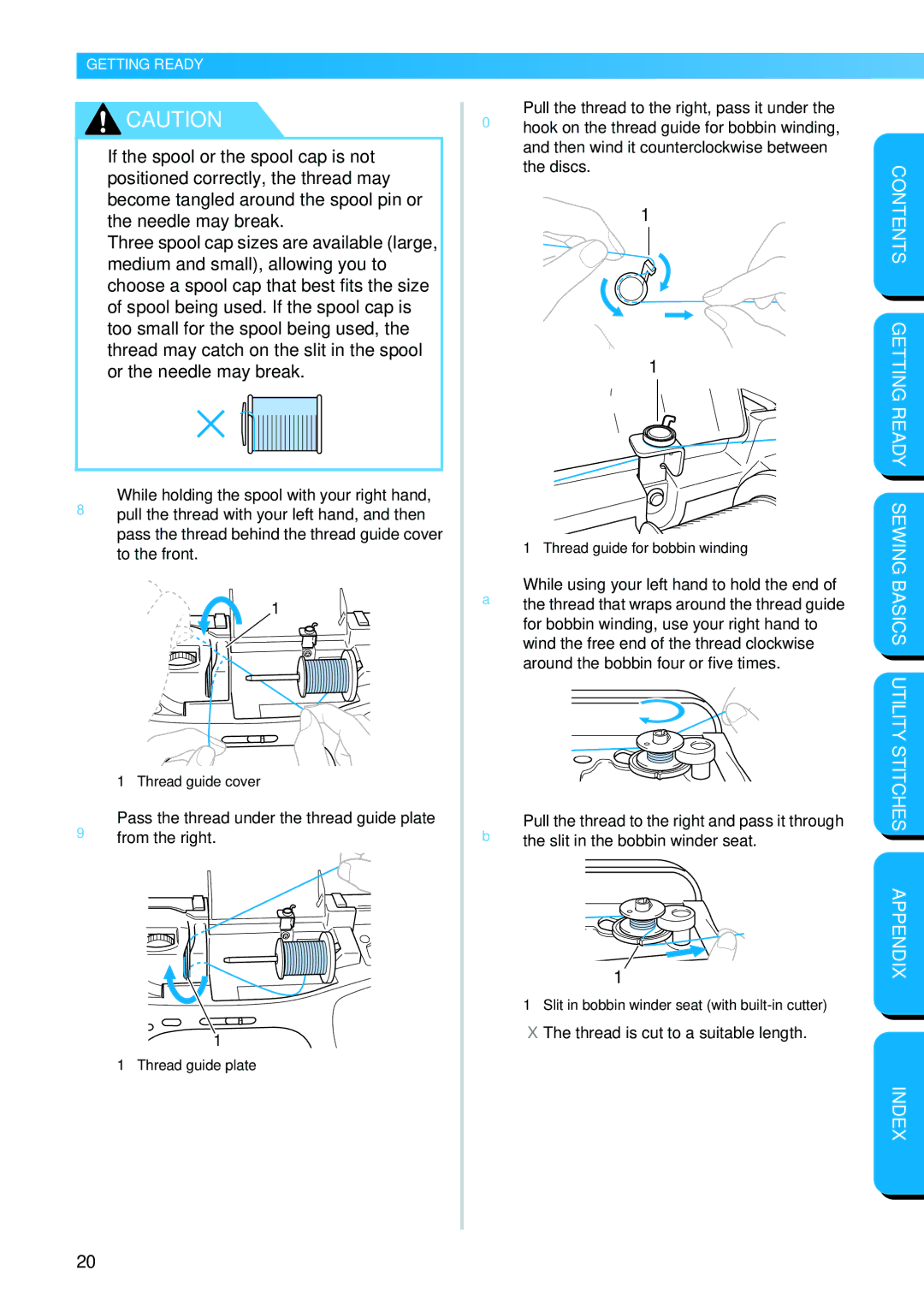 Brother PC-420PRW manual Pass the thread under the thread guide plate from the right 