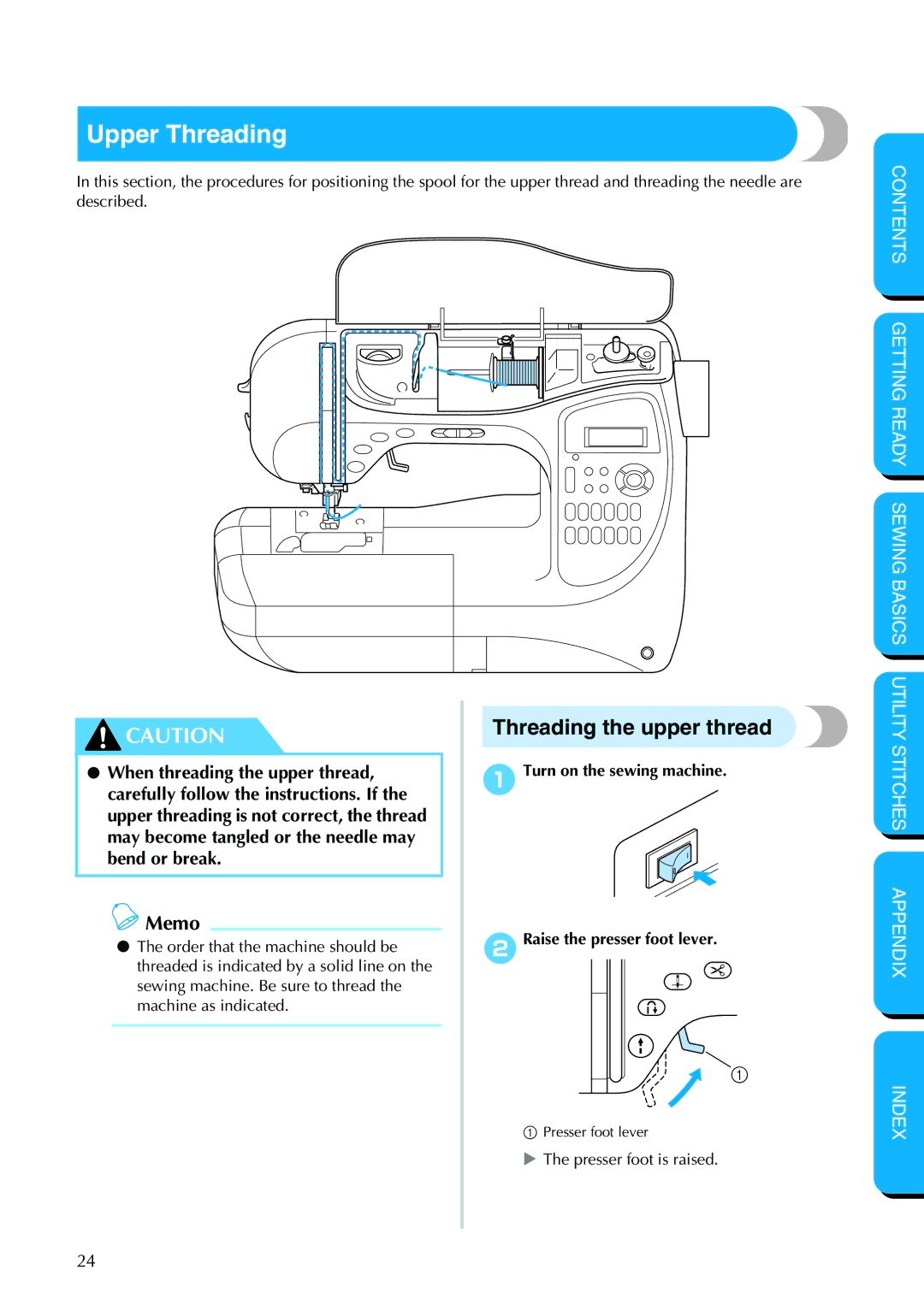 Brother PC-420 Upper Threading, Threading the upper thread, 1Turn on the sewing machine 2Raise the presser foot lever 