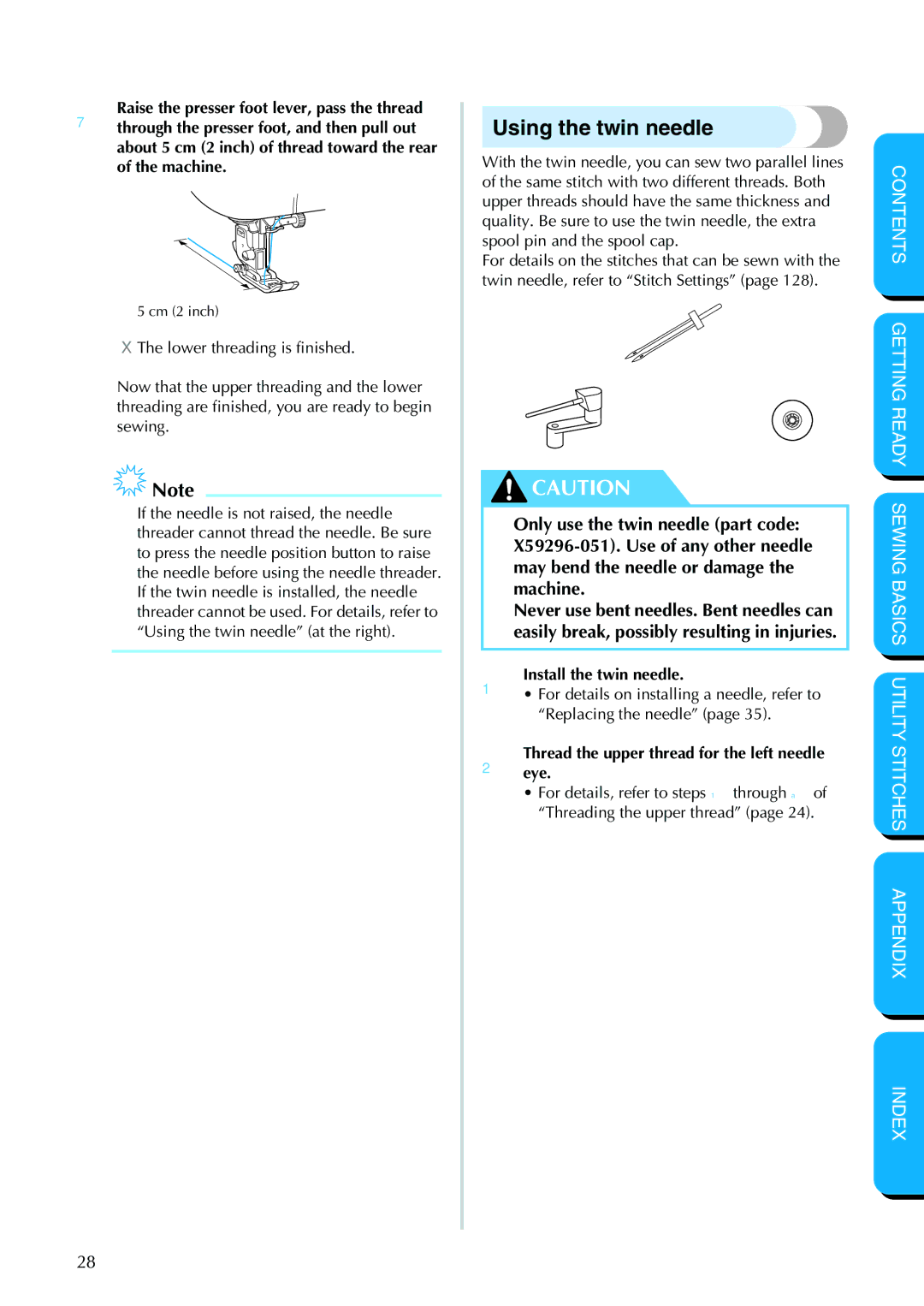 Brother PC-420PRW manual Using the twin needle, Threadeye. the upper thread for the left needle 