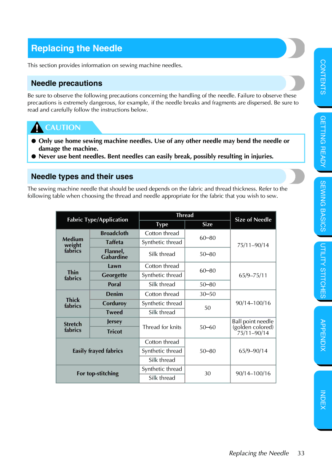 Brother PC-420PRW manual Replacing the Needle, Needle precautions, Needle types and their uses 