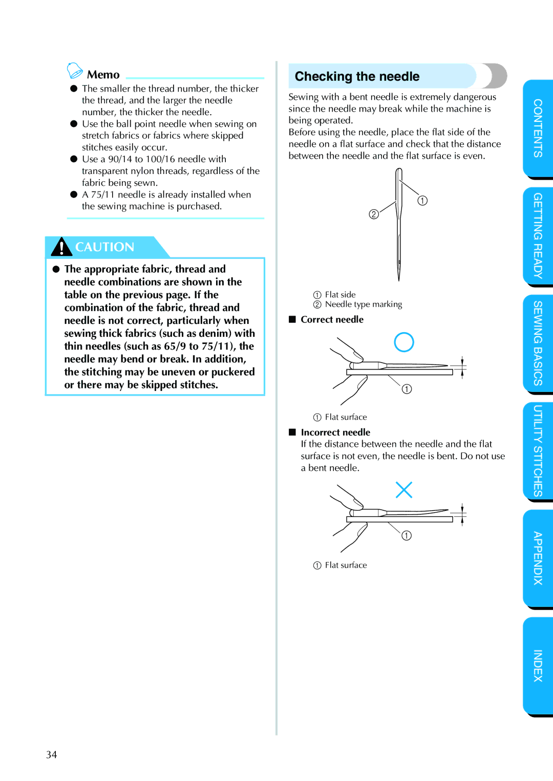 Brother PC-420PRW manual Checking the needle, Correct needle, Incorrect needle 