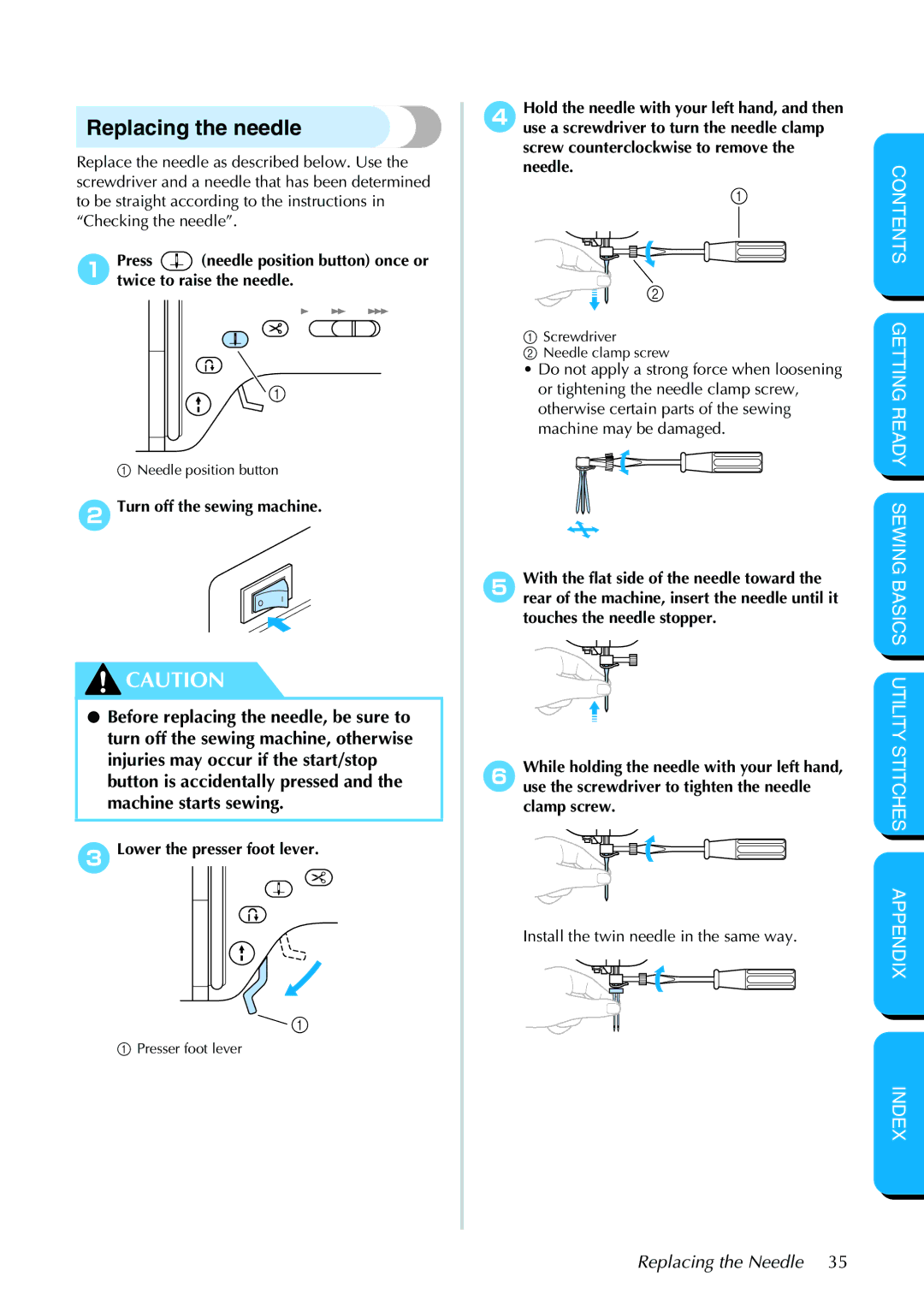 Brother PC-420PRW manual Replacing the needle 