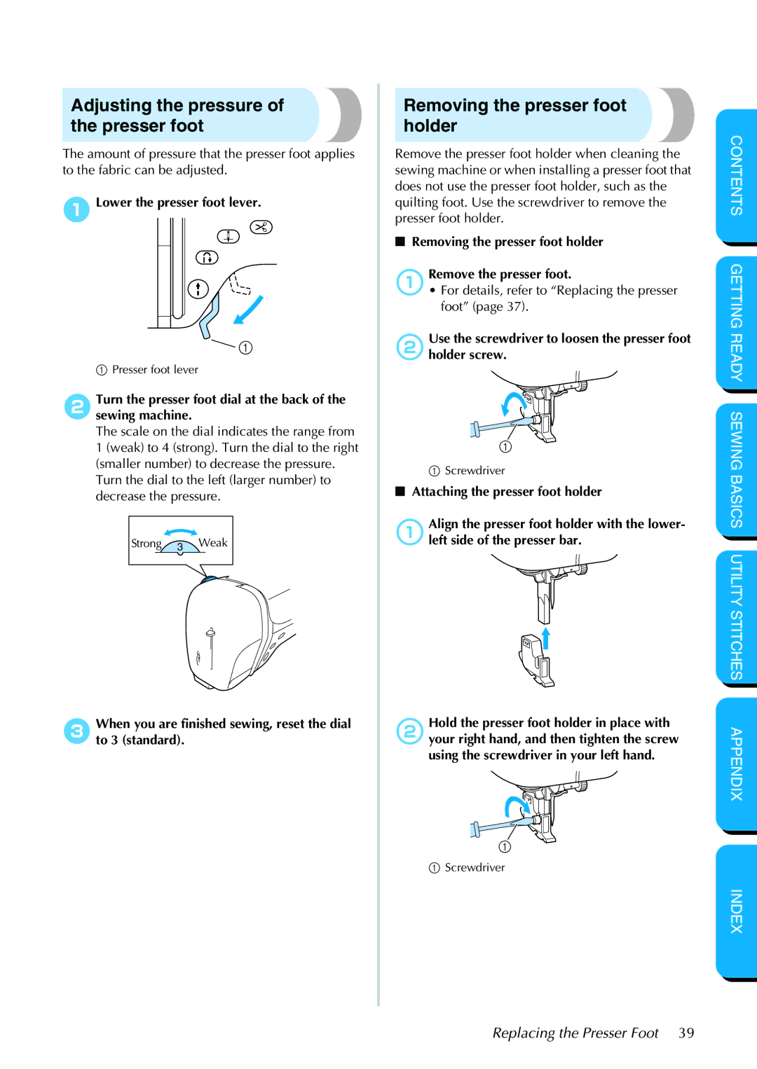 Brother PC-420PRW manual Adjusting the pressure of the presser foot, Removing the presser foot holder 