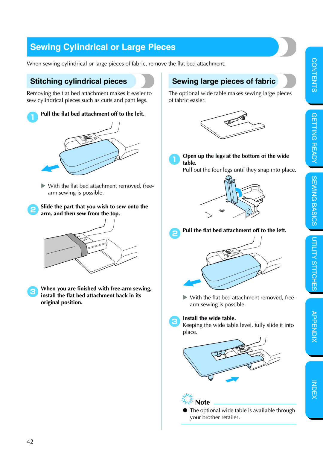 Brother PC-420PRW manual Sewing Cylindrical or Large Pieces, Stitching cylindrical pieces, Sewing large pieces of fabric 