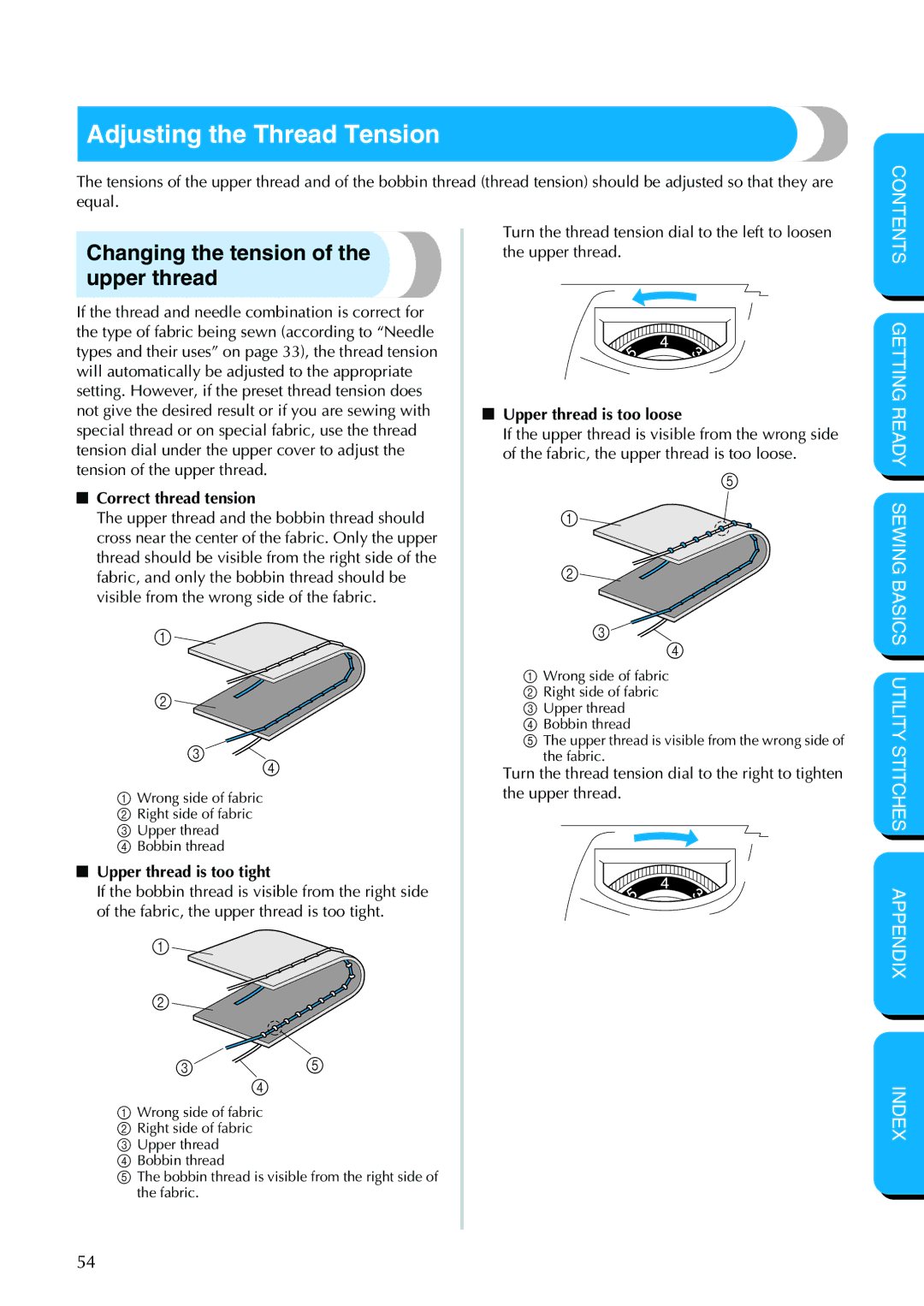 Brother PC-420PRW manual Adjusting the Thread Tension, Changing the tension of the upper thread, Correct thread tension 